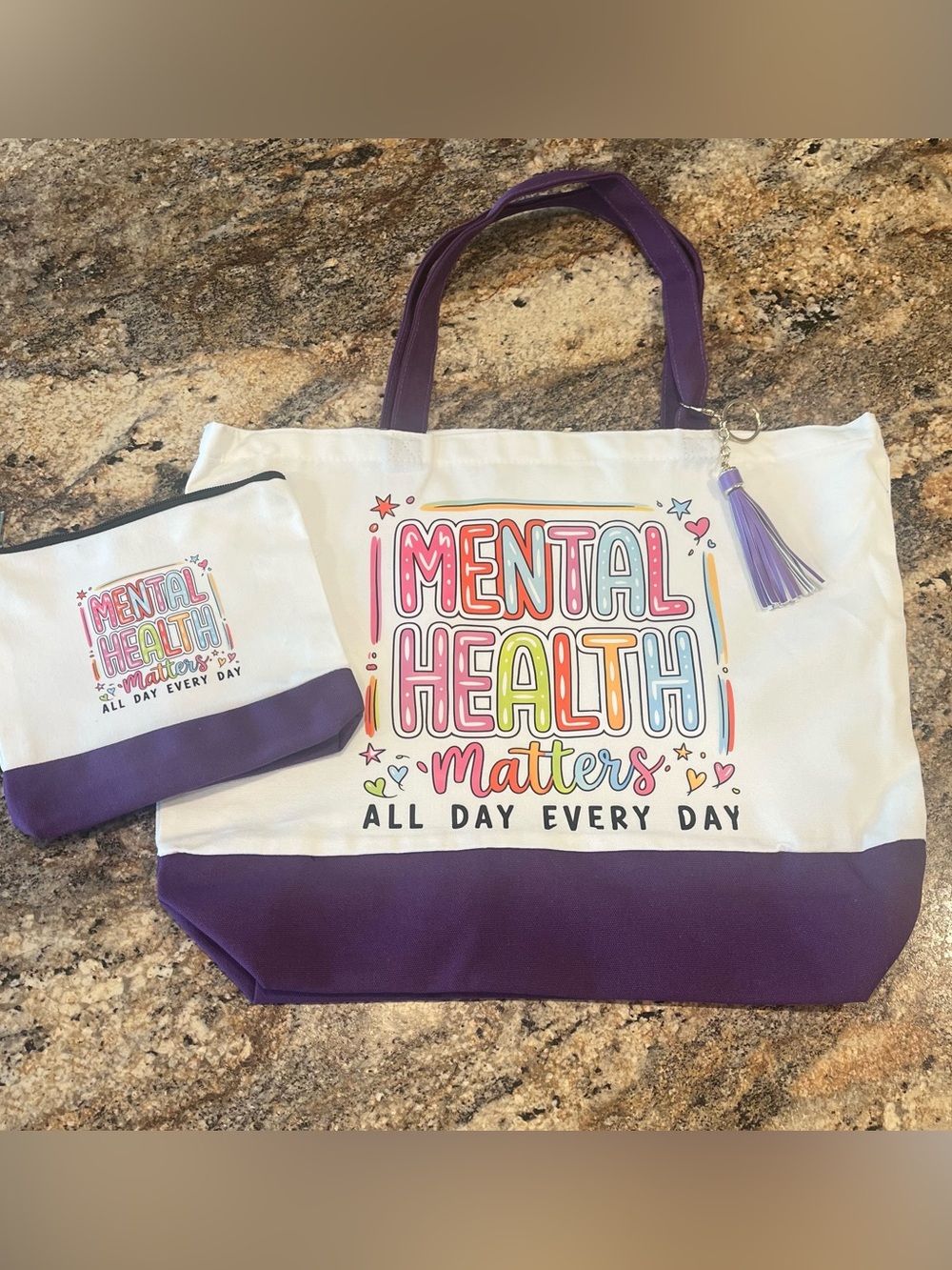 Mental Health Matters Canvas Tote Bag with Purple Trim